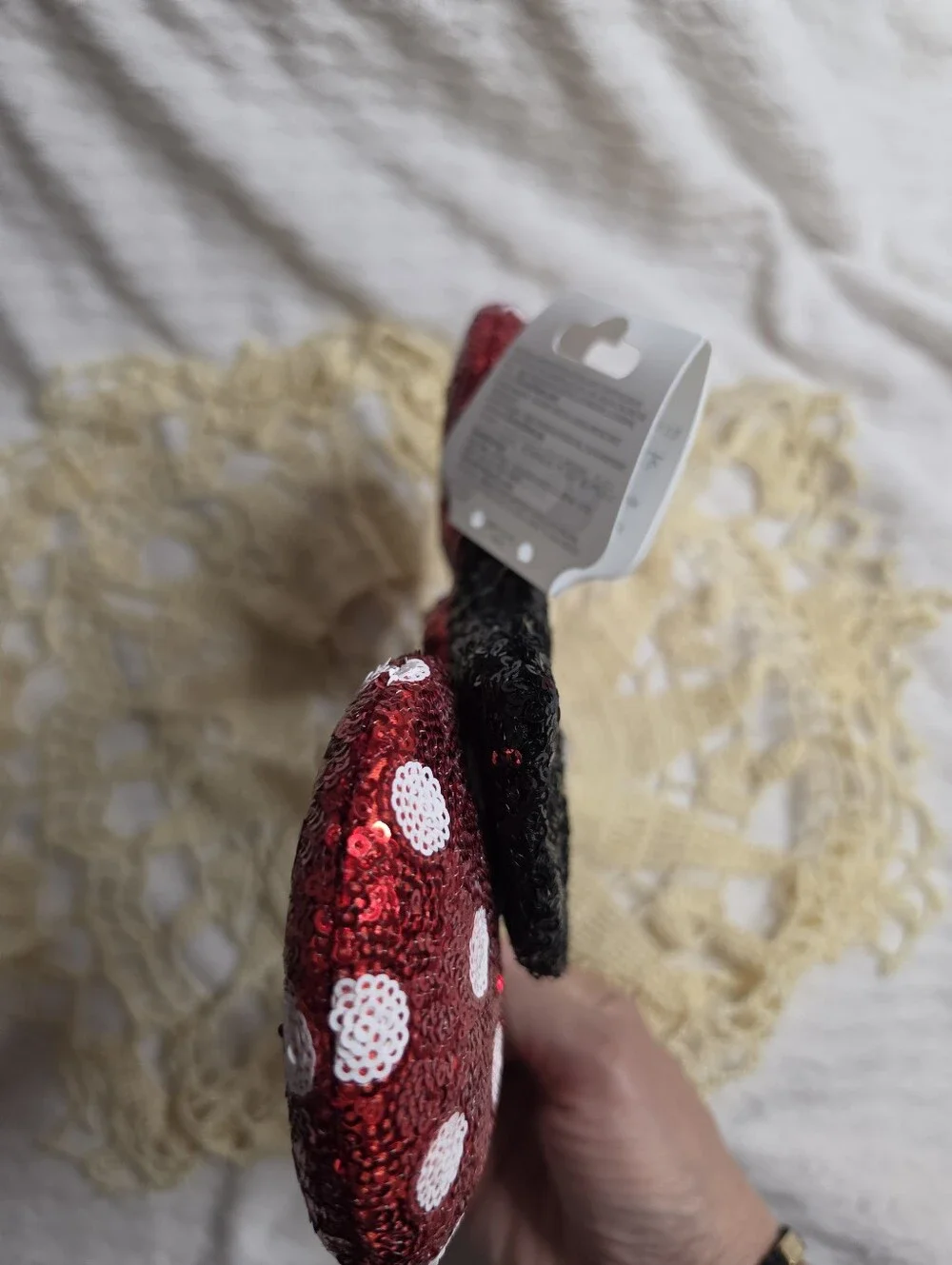 Disney Red Sequin White Dots Minnie Ears Headband with Black Bow New